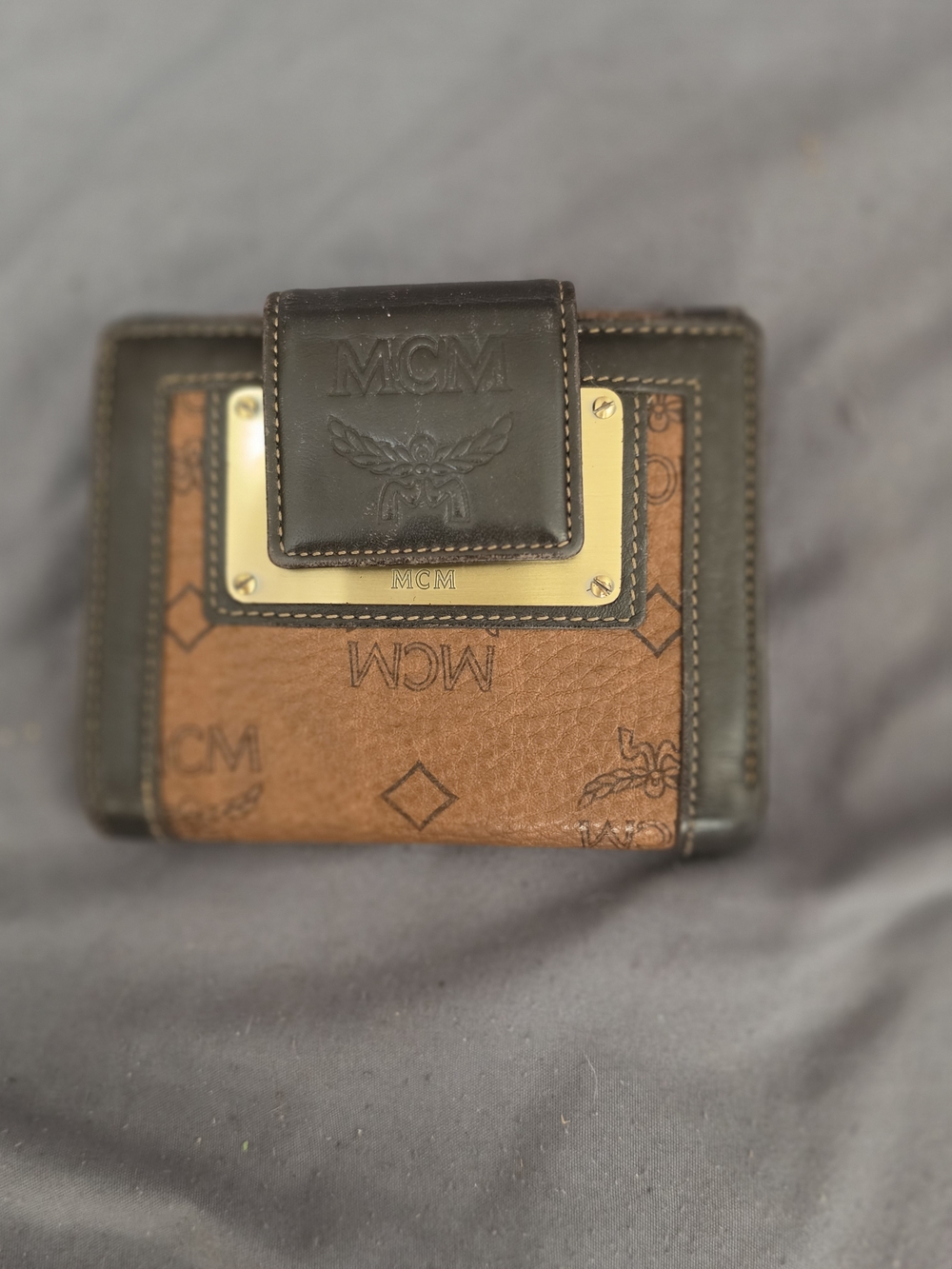 AUTHENTIC MCM Two-Tone Brown Monogram Compact Wallet with Gold Plate